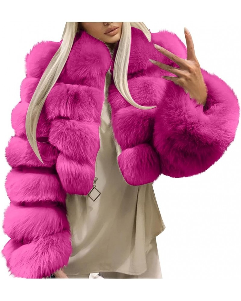 Womens Faux Fur Coat Jacket Solid Long Sleeve Shaggy Jacket Warm Winter Long Sleeve Crop Tops Lapel Zipper Outwear Hot Pink $...