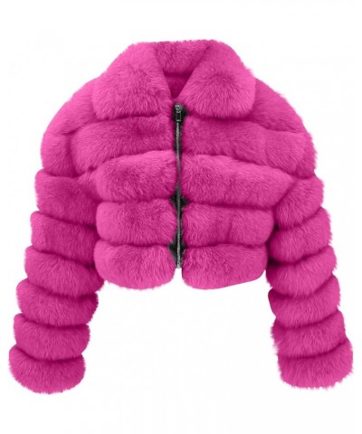 Womens Faux Fur Coat Jacket Solid Long Sleeve Shaggy Jacket Warm Winter Long Sleeve Crop Tops Lapel Zipper Outwear Hot Pink $...