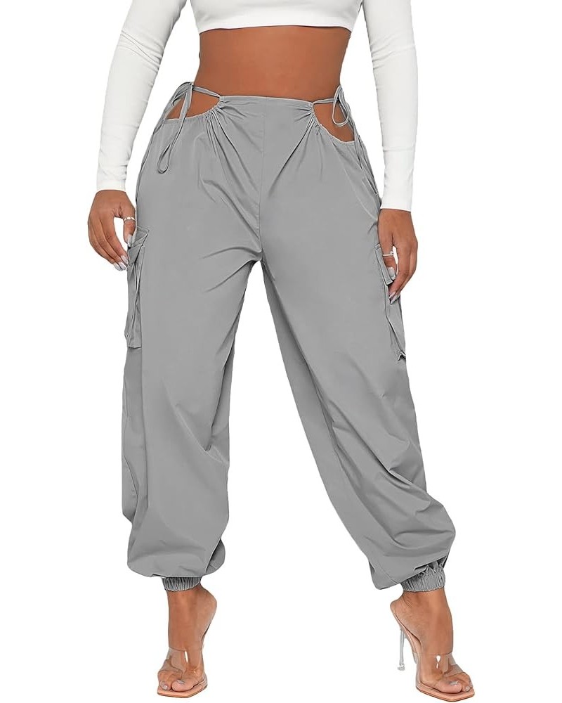 Women's Cut Out Tie Side High Waist Flap Pocket Cargo Joggers Pants Grey $16.80 Activewear