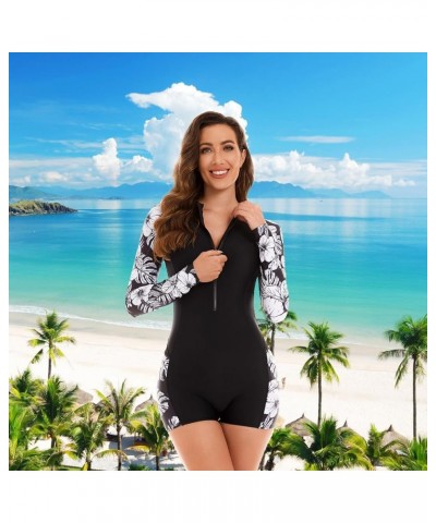 Long Sleeve Swimsuits for Women One Piece Bathing Suit Rash Guard Swimsuit Surfing Wetsuit Swimwear Boyshort UPF 50+ 0-0-blac...