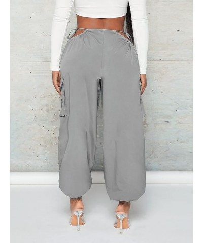 Women's Cut Out Tie Side High Waist Flap Pocket Cargo Joggers Pants Grey $16.80 Activewear