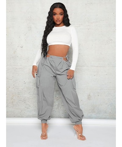 Women's Cut Out Tie Side High Waist Flap Pocket Cargo Joggers Pants Grey $16.80 Activewear