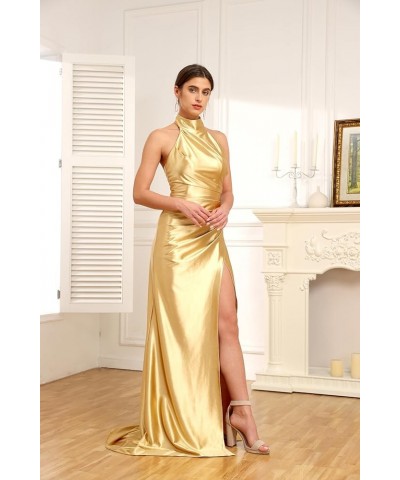 Halter Bridesmaid Dresses Satin Prom Dresses with Split Long Ruched Evening Dresses Gold $31.20 Dresses