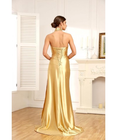 Halter Bridesmaid Dresses Satin Prom Dresses with Split Long Ruched Evening Dresses Gold $31.20 Dresses