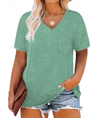 Womens Plus-Size Tops Summer V Neck Shirts Short Sleeve Tees with Pocket 08_light Green $14.40 T-Shirts