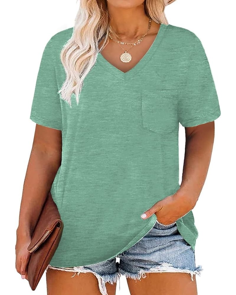 Womens Plus-Size Tops Summer V Neck Shirts Short Sleeve Tees with Pocket 08_light Green $14.40 T-Shirts