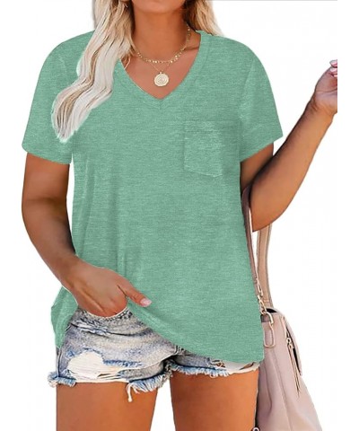 Womens Plus-Size Tops Summer V Neck Shirts Short Sleeve Tees with Pocket 08_light Green $14.40 T-Shirts