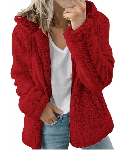 Women Winter Sherpa Jacket Coat Long Sleeve Lapel Fuzzy Warm Fleece Open Front Hooded Cardigan Outerwear with Pockets A07 Red...