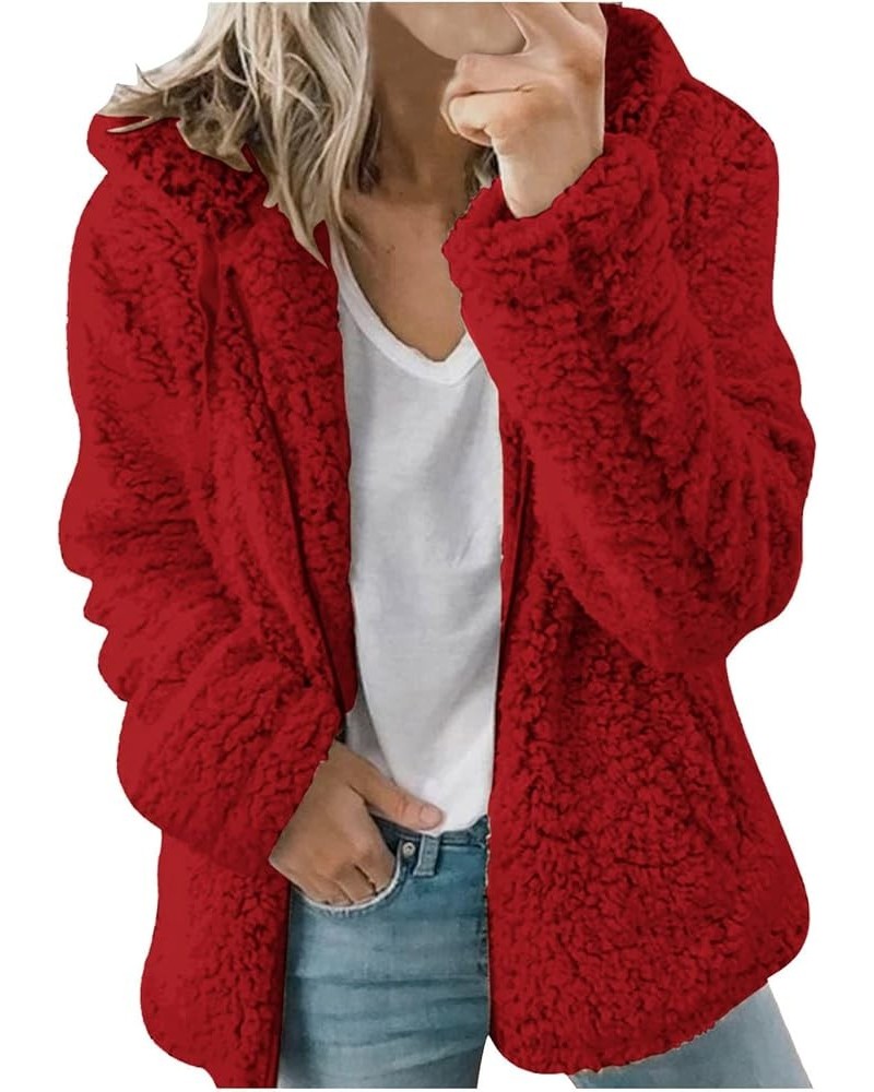 Women Winter Sherpa Jacket Coat Long Sleeve Lapel Fuzzy Warm Fleece Open Front Hooded Cardigan Outerwear with Pockets A07 Red...