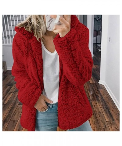 Women Winter Sherpa Jacket Coat Long Sleeve Lapel Fuzzy Warm Fleece Open Front Hooded Cardigan Outerwear with Pockets A07 Red...