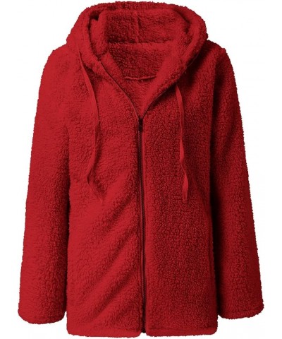 Women Winter Sherpa Jacket Coat Long Sleeve Lapel Fuzzy Warm Fleece Open Front Hooded Cardigan Outerwear with Pockets A07 Red...