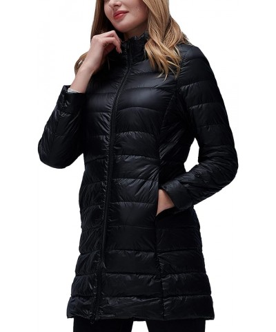 Women's Lightweight Water Resistant Packable Down Jacket Hooded Shining Black - Long Down Jacket $22.94 Jackets