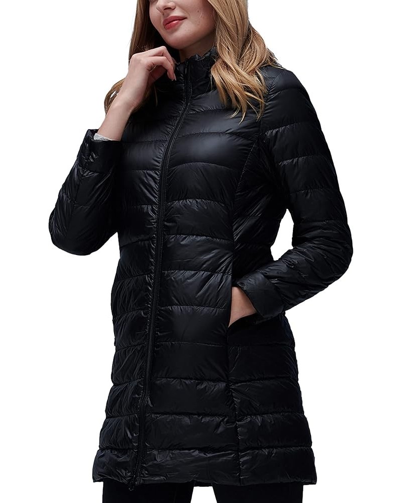 Women's Lightweight Water Resistant Packable Down Jacket Hooded Shining Black - Long Down Jacket $22.94 Jackets