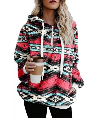 Women's Aztec Print Quarter Zip Sweatshirt Casual Warm Fleece Long Sleeve Hoodie Top with Pocket Red $12.73 Hoodies & Sweatsh...