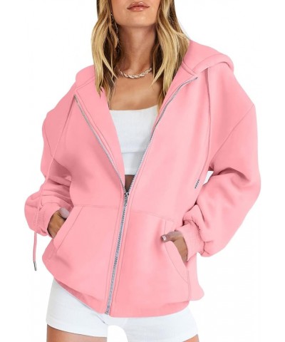 Long Sleeve Hoodies for Women Drawstring Hooded Neck Pullovers Zipper Track Jacket Hoodie Pocket Sweatshirt A-pink $15.40 Hoo...