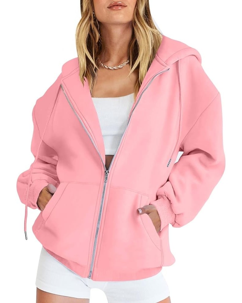 Long Sleeve Hoodies for Women Drawstring Hooded Neck Pullovers Zipper Track Jacket Hoodie Pocket Sweatshirt A-pink $15.40 Hoo...