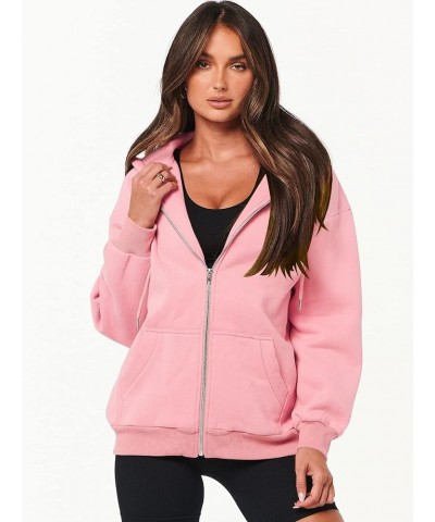 Long Sleeve Hoodies for Women Drawstring Hooded Neck Pullovers Zipper Track Jacket Hoodie Pocket Sweatshirt A-pink $15.40 Hoo...