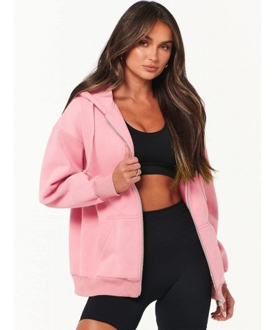 Long Sleeve Hoodies for Women Drawstring Hooded Neck Pullovers Zipper Track Jacket Hoodie Pocket Sweatshirt A-pink $15.40 Hoo...