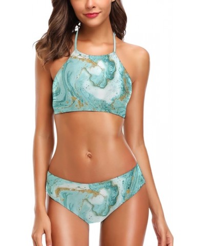 Womens Cute Animal Pattern Summer Hot 2 Pcs High Waist Halter Swimsuit Bikini Set Turquoise Marble $15.11 Swimsuits