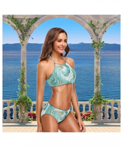 Womens Cute Animal Pattern Summer Hot 2 Pcs High Waist Halter Swimsuit Bikini Set Turquoise Marble $15.11 Swimsuits