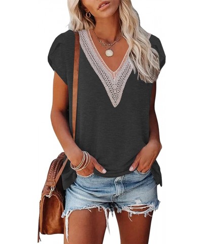 Womens 2024 T Shirts Petal Sleeve V Neck Casual Tees Summer Basic Tops X Dark Gray $14.74 T-Shirts