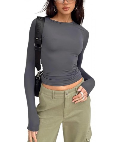 Women Basic Long Sleeve Crop Top Ribbed Knit Bodycon Fitted Crop Tees Casual Bottoming Shirt Blouse B-grey $7.07 Tops