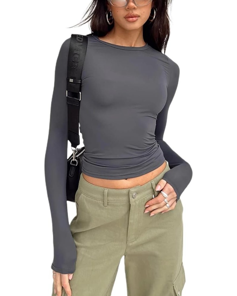 Women Basic Long Sleeve Crop Top Ribbed Knit Bodycon Fitted Crop Tees Casual Bottoming Shirt Blouse B-grey $7.07 Tops