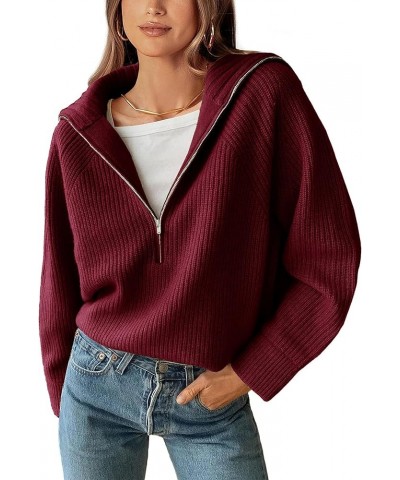 Women’s Casual Long Sleeve Half Zip Pullover Sweaters Solid V Neck Collar Ribbed Knitted Loose Slouchy Jumper Tops Solid Wine...