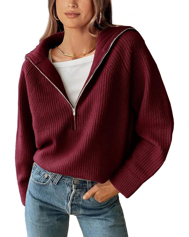 Women’s Casual Long Sleeve Half Zip Pullover Sweaters Solid V Neck Collar Ribbed Knitted Loose Slouchy Jumper Tops Solid Wine...