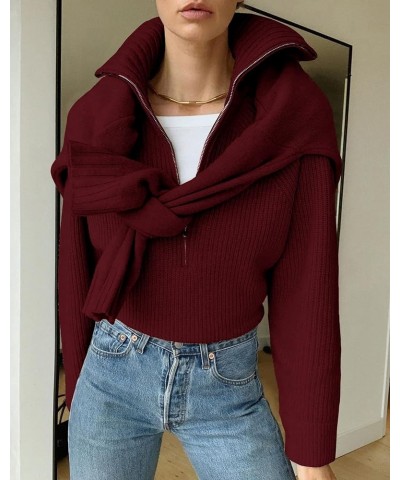 Women’s Casual Long Sleeve Half Zip Pullover Sweaters Solid V Neck Collar Ribbed Knitted Loose Slouchy Jumper Tops Solid Wine...