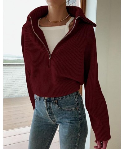 Women’s Casual Long Sleeve Half Zip Pullover Sweaters Solid V Neck Collar Ribbed Knitted Loose Slouchy Jumper Tops Solid Wine...