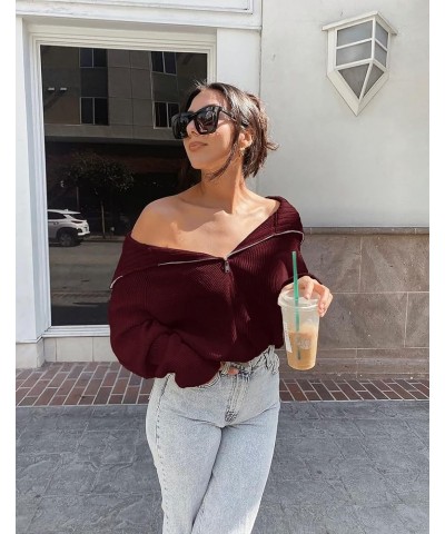 Women’s Casual Long Sleeve Half Zip Pullover Sweaters Solid V Neck Collar Ribbed Knitted Loose Slouchy Jumper Tops Solid Wine...