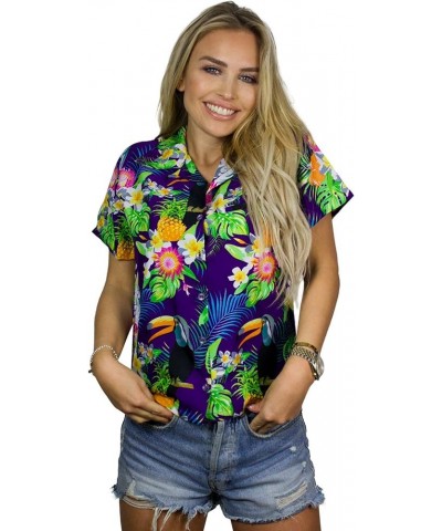 Funky Casual Hawaiian Blouse Shirt for Women Front Pocket Button Down Very Loud Shortsleeve Small Flower Print Parrot Cockato...