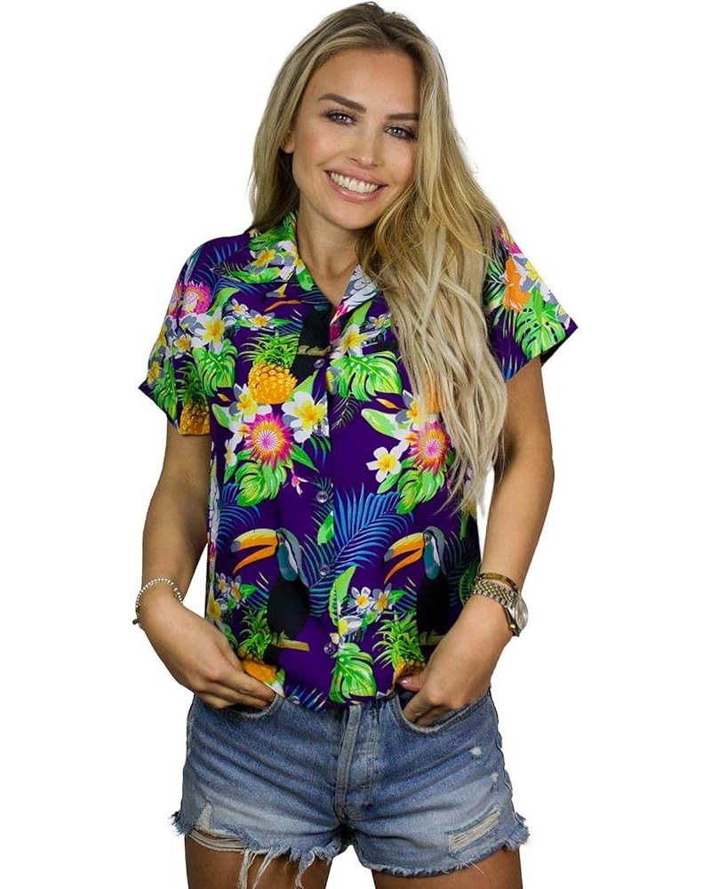 Funky Casual Hawaiian Blouse Shirt for Women Front Pocket Button Down Very Loud Shortsleeve Small Flower Print Parrot Cockato...