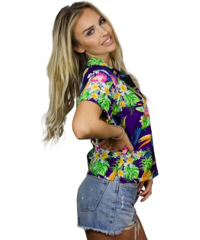 Funky Casual Hawaiian Blouse Shirt for Women Front Pocket Button Down Very Loud Shortsleeve Small Flower Print Parrot Cockato...