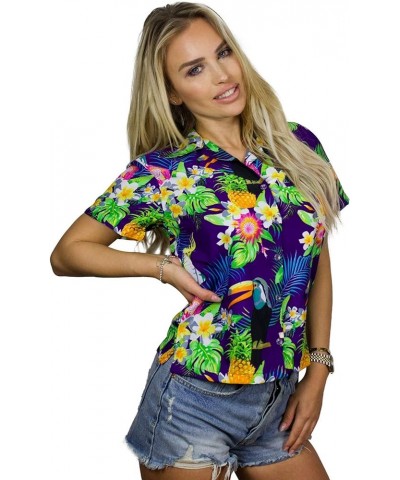 Funky Casual Hawaiian Blouse Shirt for Women Front Pocket Button Down Very Loud Shortsleeve Small Flower Print Parrot Cockato...