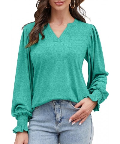 Long Sleeve Shirts for Women Square Neck Pleated Front Puff Sleeve Casual Fall Tunic Tops A3-blue Green $8.69 Tops