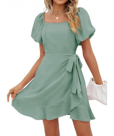 Womens Summer Tie Waist Dresses Square Neck Puff Sleeve Casual Dress 09-sage Green $14.80 Dresses