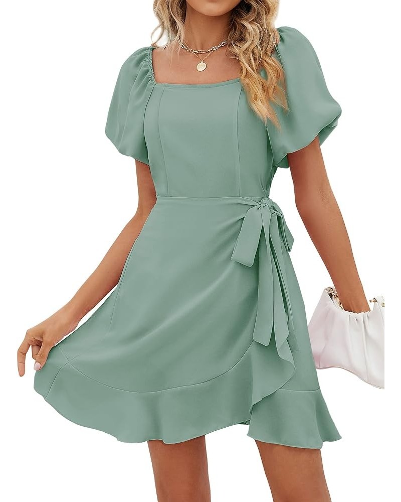 Womens Summer Tie Waist Dresses Square Neck Puff Sleeve Casual Dress 09-sage Green $14.80 Dresses