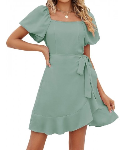 Womens Summer Tie Waist Dresses Square Neck Puff Sleeve Casual Dress 09-sage Green $14.80 Dresses