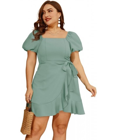 Womens Summer Tie Waist Dresses Square Neck Puff Sleeve Casual Dress 09-sage Green $14.80 Dresses