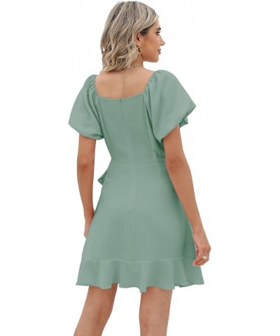 Womens Summer Tie Waist Dresses Square Neck Puff Sleeve Casual Dress 09-sage Green $14.80 Dresses