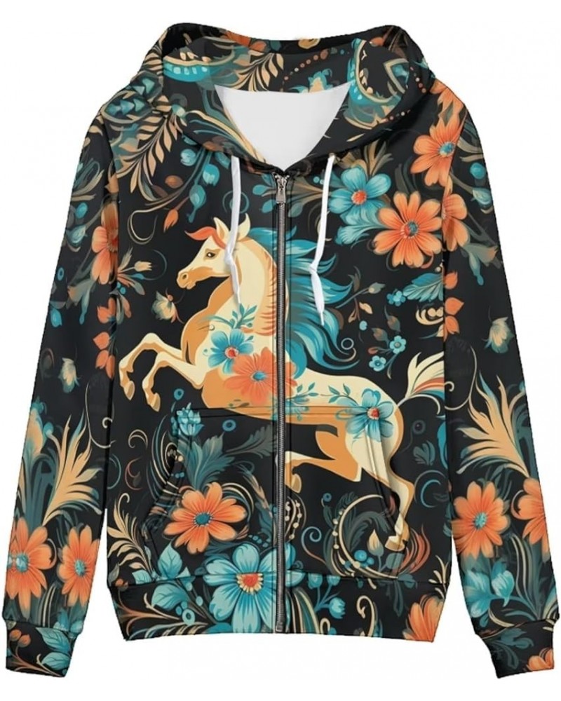 Zip Up Hoodie Graphic Y2k Hooded Sweatshirt Jacket for Women XS-5XL Floral Horse $20.24 Hoodies & Sweatshirts