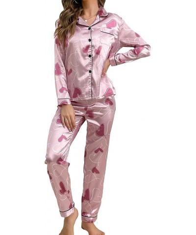 Women's Sleepwear Floral Print 2 Piece Satin Pajama Set Button Down Loungewear Pink Heart $16.10 Sleep & Lounge