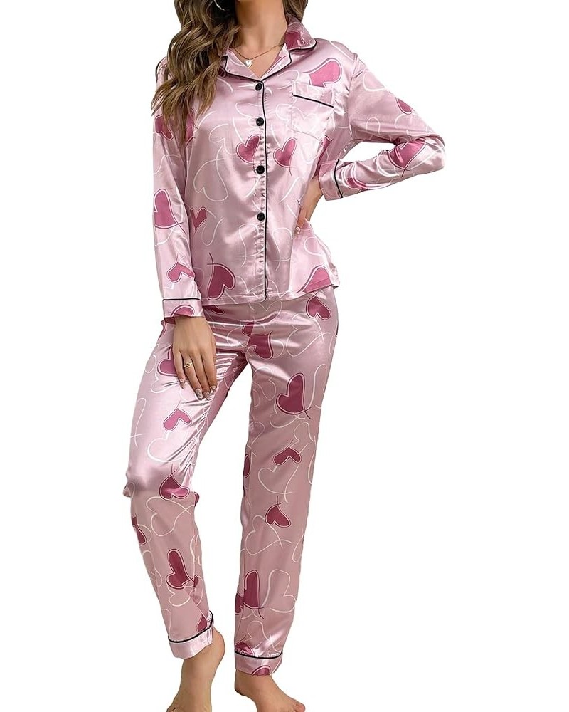 Women's Sleepwear Floral Print 2 Piece Satin Pajama Set Button Down Loungewear Pink Heart $16.10 Sleep & Lounge