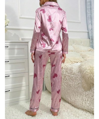 Women's Sleepwear Floral Print 2 Piece Satin Pajama Set Button Down Loungewear Pink Heart $16.10 Sleep & Lounge