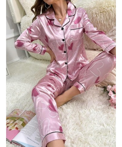 Women's Sleepwear Floral Print 2 Piece Satin Pajama Set Button Down Loungewear Pink Heart $16.10 Sleep & Lounge