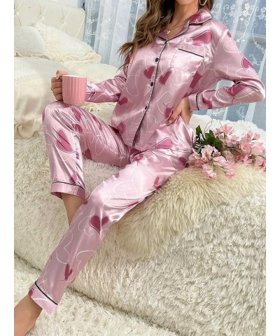 Women's Sleepwear Floral Print 2 Piece Satin Pajama Set Button Down Loungewear Pink Heart $16.10 Sleep & Lounge