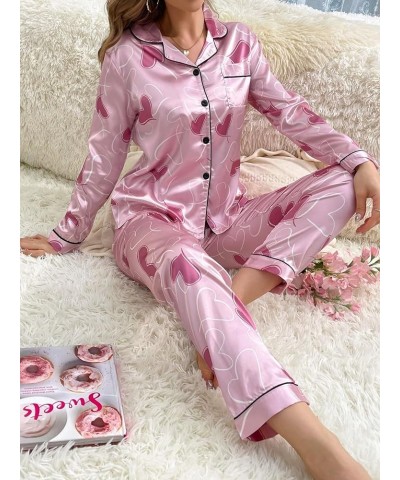 Women's Sleepwear Floral Print 2 Piece Satin Pajama Set Button Down Loungewear Pink Heart $16.10 Sleep & Lounge