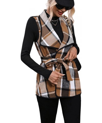 Women's 2 Piece Outfit Plaid Belted Sleeveless Vest Cardigan Blazer Jacket and Mock Neck Tee Top Set Brown $19.88 Suits